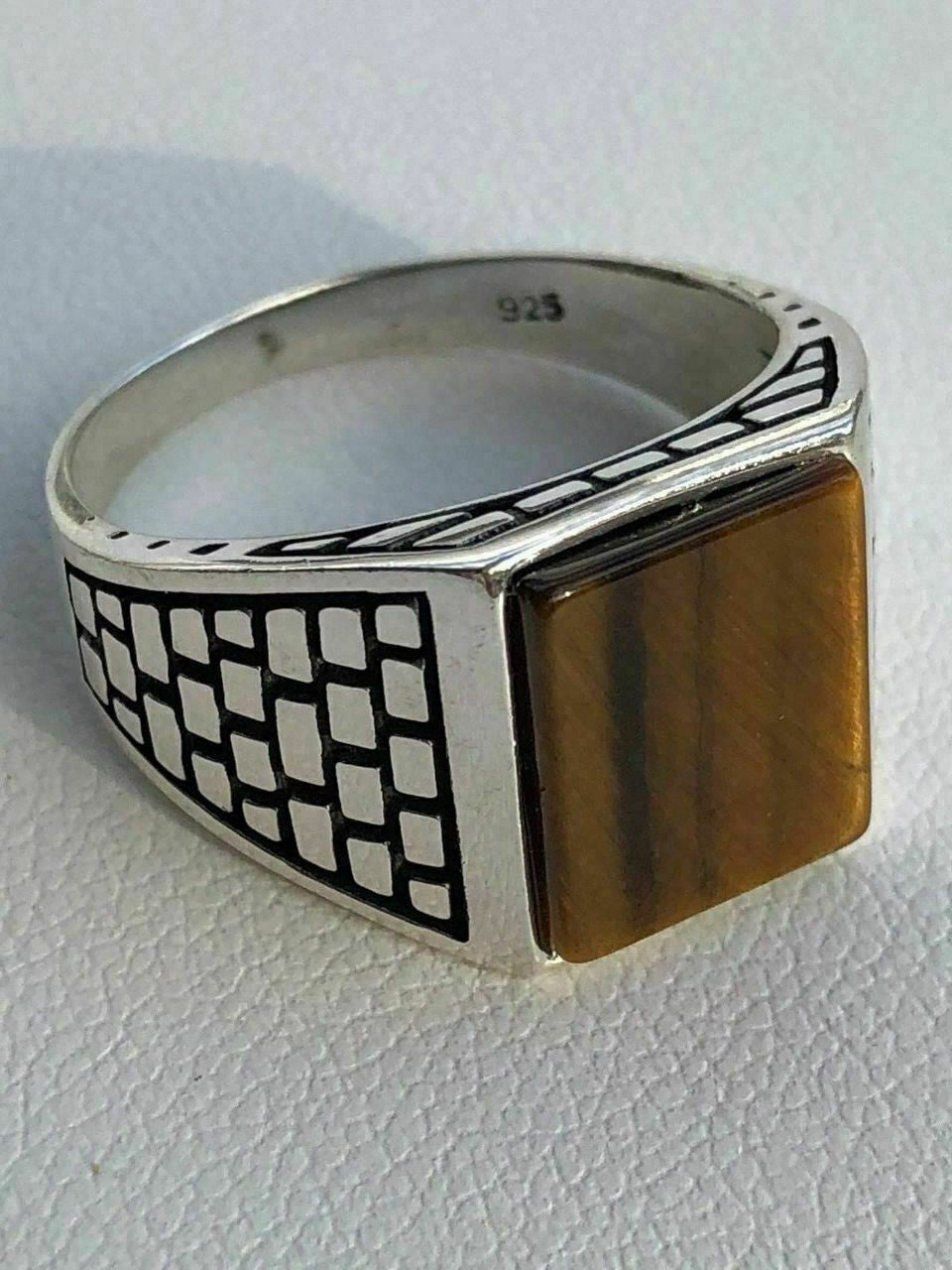 HarlemBling Mens Real Solid 925 Sterling Silver Tiger Eye Square Ring Size 7 8 9 10 11 12 13