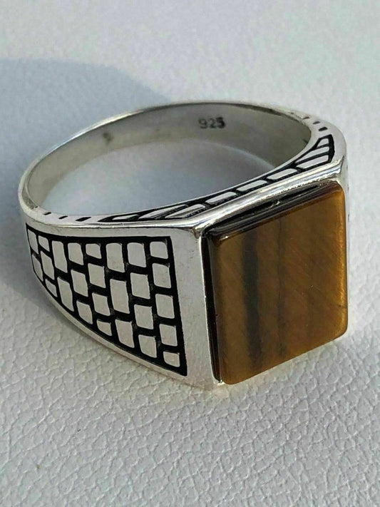 HarlemBling Mens Real Solid 925 Sterling Silver Tiger Eye Square Ring Size 7 8 9 10 11 12 13
