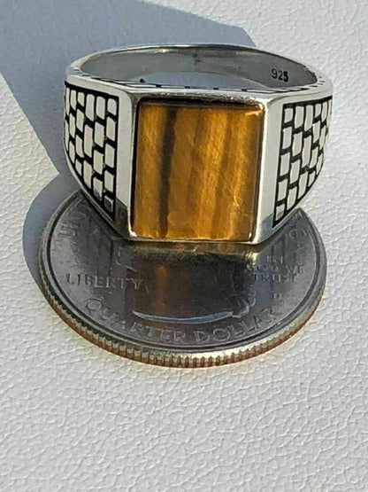 HarlemBling Mens Real Solid 925 Sterling Silver Tiger Eye Square Ring Size 7 8 9 10 11 12 13