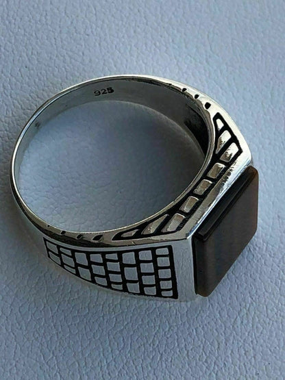 HarlemBling Mens Real Solid 925 Sterling Silver Tiger Eye Square Ring Size 7 8 9 10 11 12 13