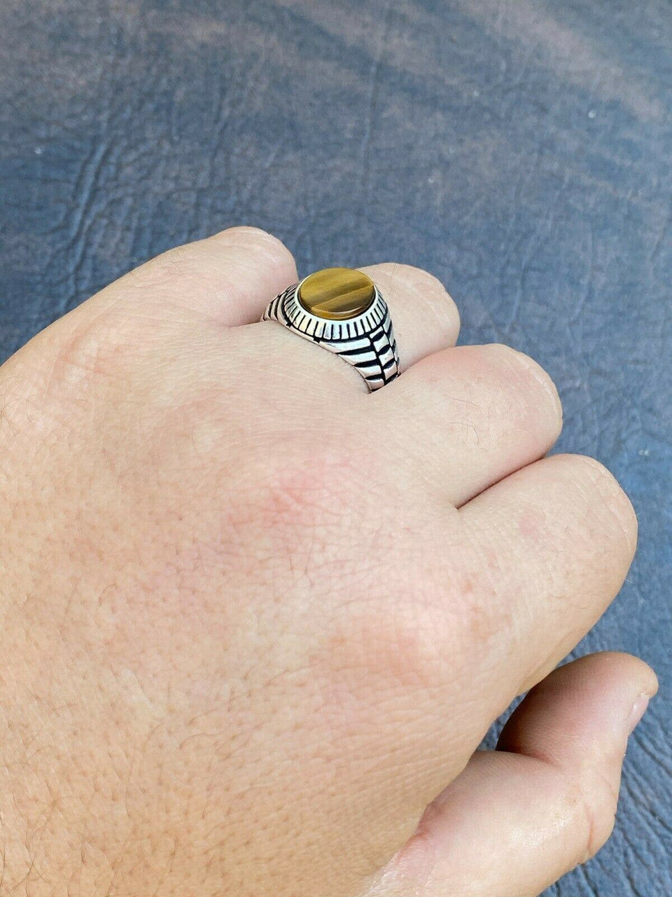 HarlemBling Mens Real Solid 925 Sterling Silver Tigers Eye Signet Ring Round Pinky Sz 7-13