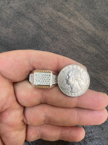 HarlemBling Mens Real Solid 925 Sterling Silver W 14k Rose Gold Accent Iced CZ Ring Hip Hop