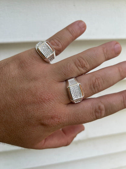 HarlemBling Mens Real Solid 925 Sterling Silver W 14k Rose Gold Accent Iced CZ Ring Hip Hop