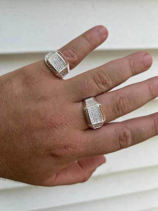 HarlemBling Mens Real Solid 925 Sterling Silver W 14k Rose Gold Accent Iced CZ Ring Hip Hop