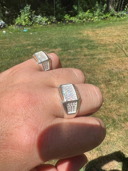 HarlemBling Mens Real Solid 925 Sterling Silver W 14k Rose Gold Accent Iced CZ Ring Hip Hop