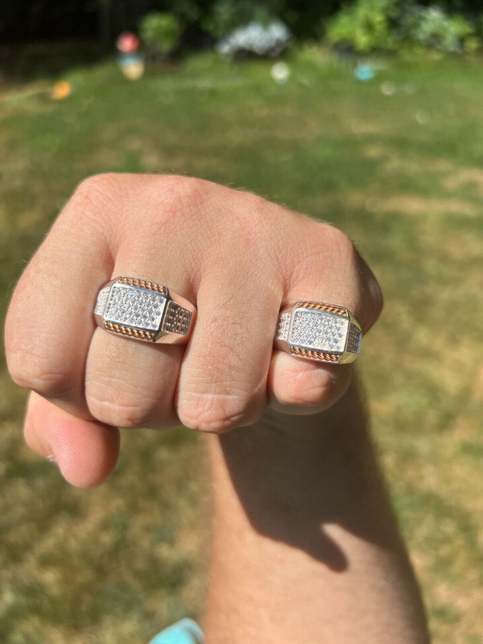 HarlemBling Mens Real Solid 925 Sterling Silver W 14k Rose Gold Accent Iced CZ Ring Hip Hop