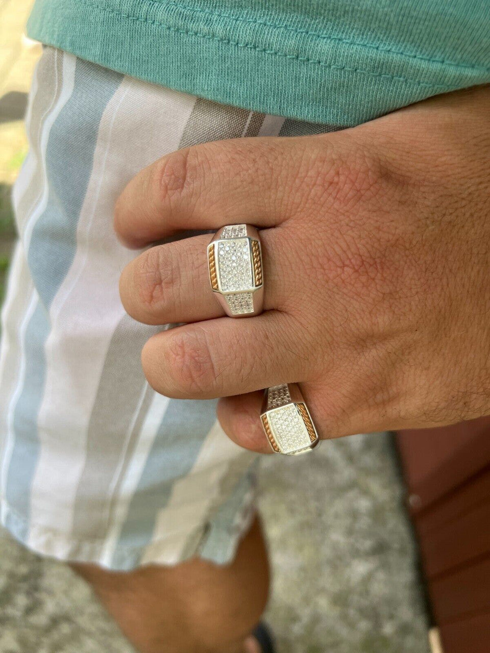 HarlemBling Mens Real Solid 925 Sterling Silver W 14k Rose Gold Accent Iced CZ Ring Hip Hop