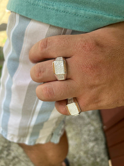 HarlemBling Mens Real Solid 925 Sterling Silver W 14k Rose Gold Accent Iced CZ Ring Hip Hop