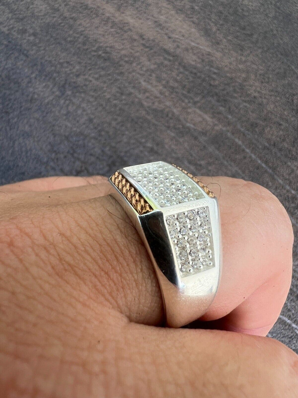 HarlemBling Mens Real Solid 925 Sterling Silver W 14k Rose Gold Accent Iced CZ Ring Hip Hop