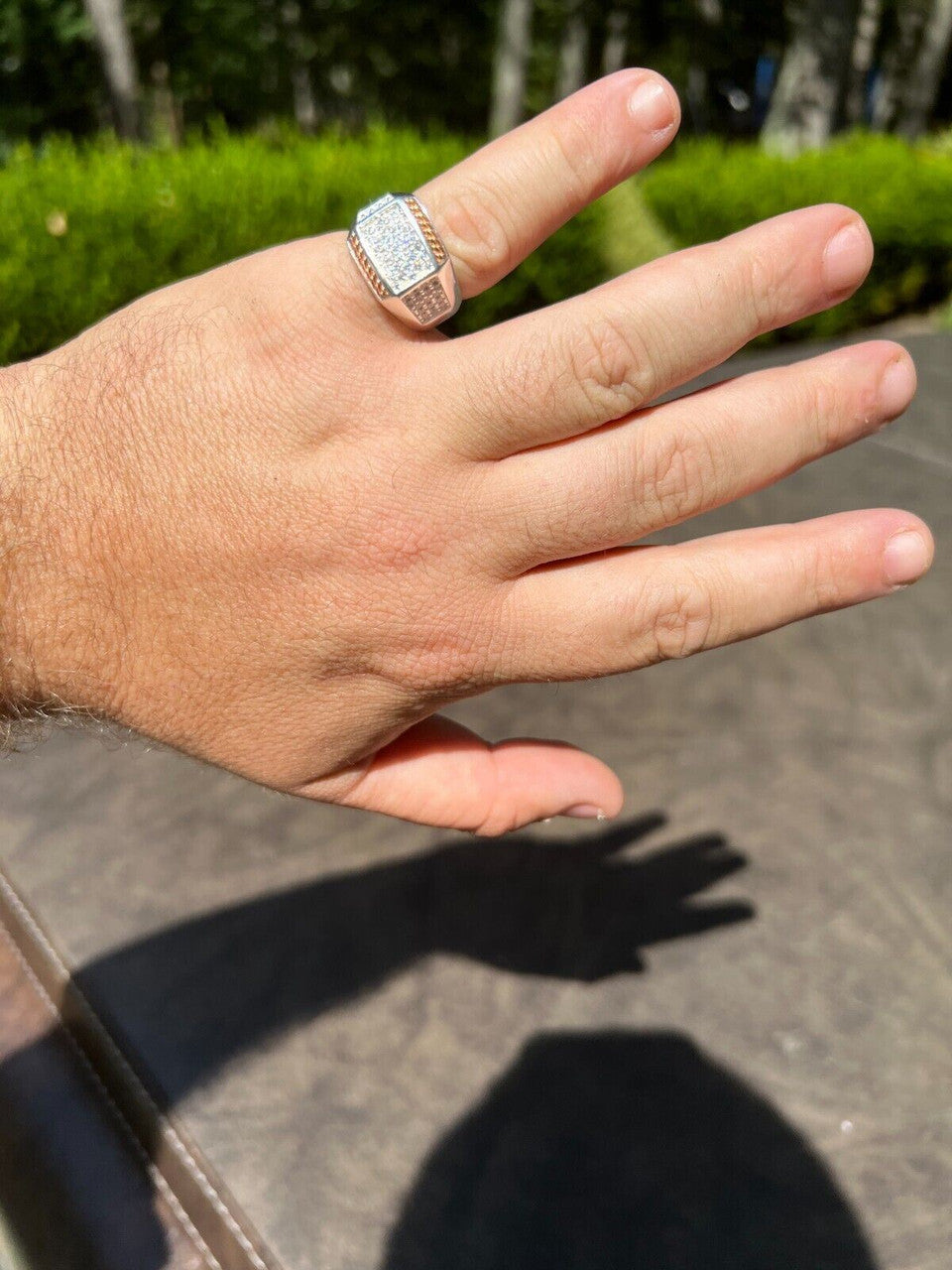 HarlemBling Mens Real Solid 925 Sterling Silver W 14k Rose Gold Accent Iced CZ Ring Hip Hop