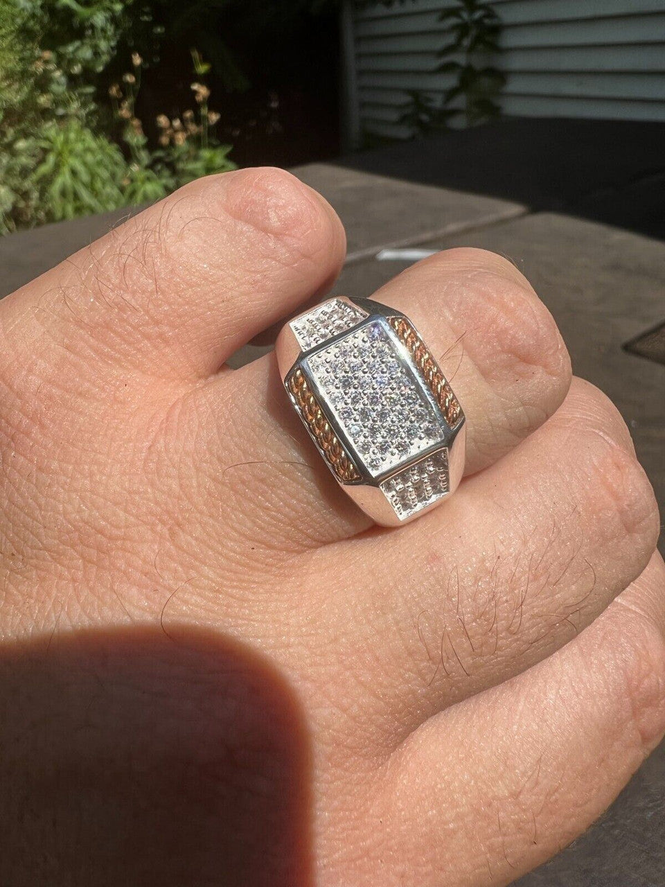 HarlemBling Mens Real Solid 925 Sterling Silver W 14k Rose Gold Accent Iced CZ Ring Hip Hop