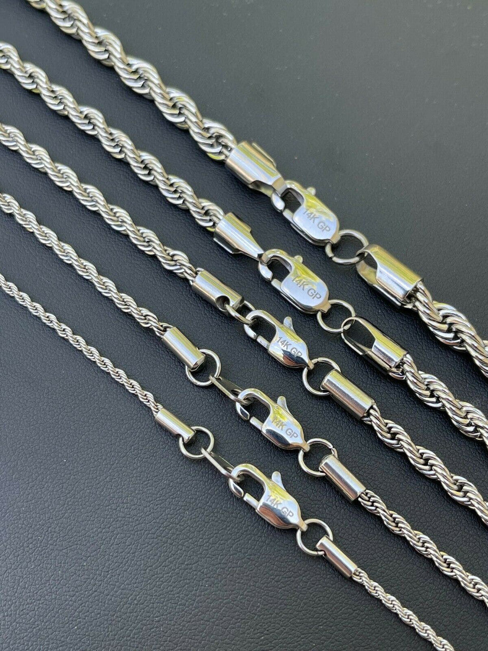 Rope Chain Necklace - White Gold Plated Stainless Steel - 18"-30" - 2mm-6mm