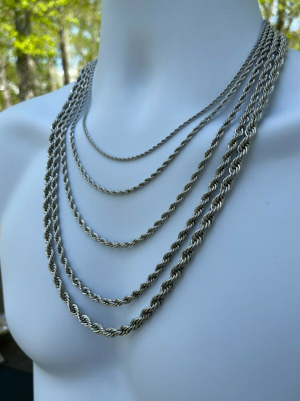 HarlemBling Mens Real Solid Rope Chain Necklace Stainless Steel - Rhodium - 2mm-6mm 18-30