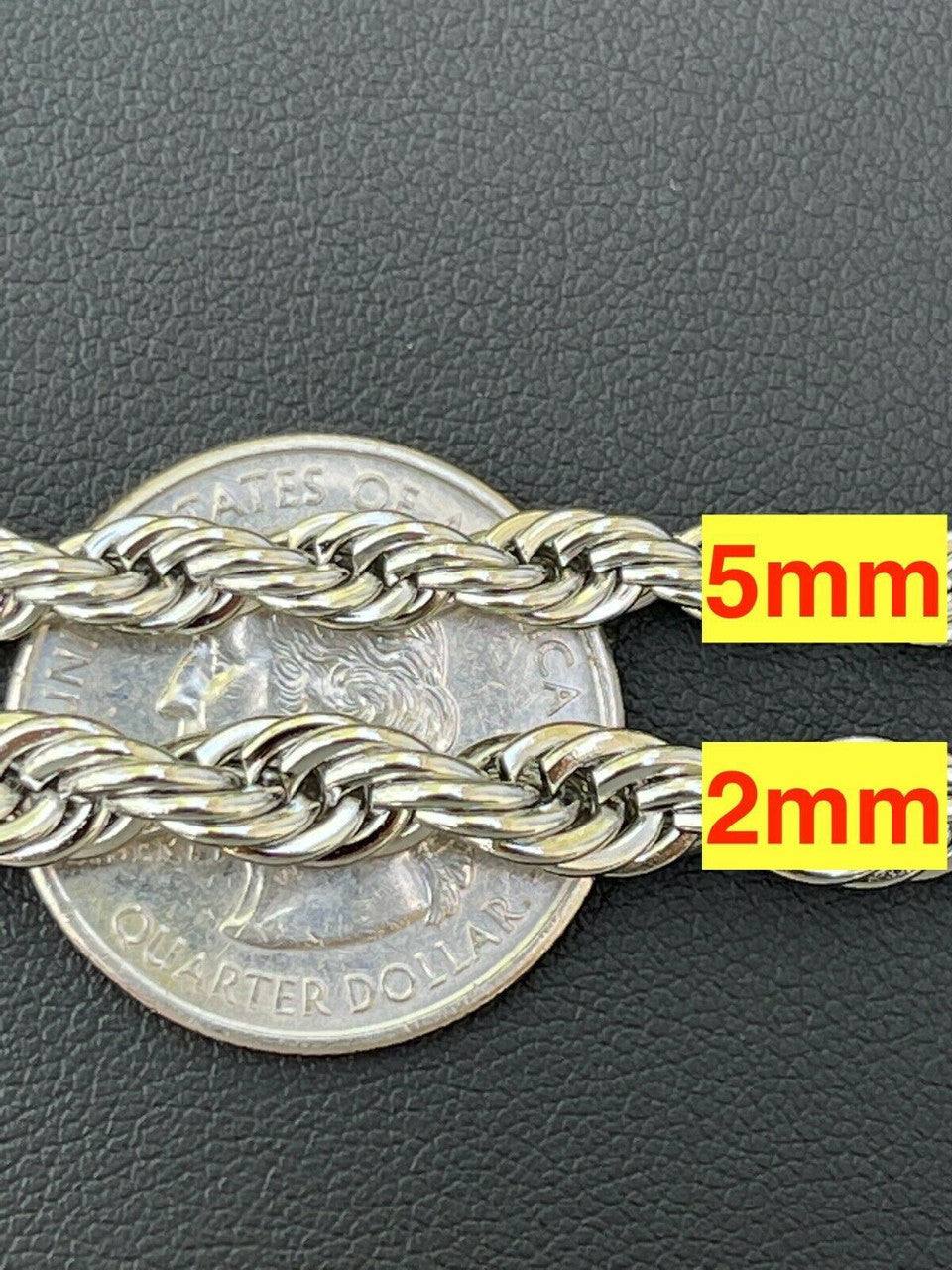 HarlemBling Mens Real Solid Rope Chain Necklace Stainless Steel - Rhodium - 2mm-6mm 18-30