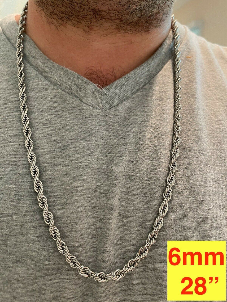 HarlemBling Mens Real Solid Rope Chain Necklace Stainless Steel - Rhodium - 2mm-6mm 18-30