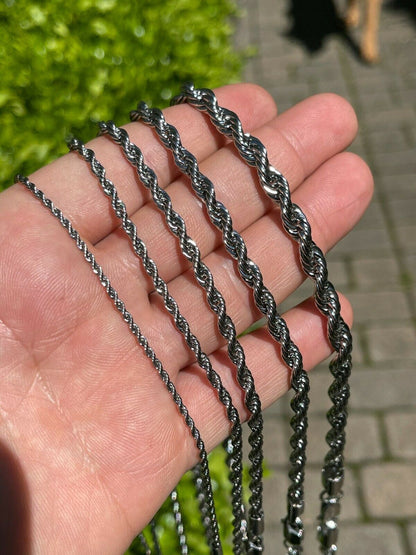 HarlemBling Mens Real Solid Rope Chain Necklace Stainless Steel - Rhodium - 2mm-6mm 18-30