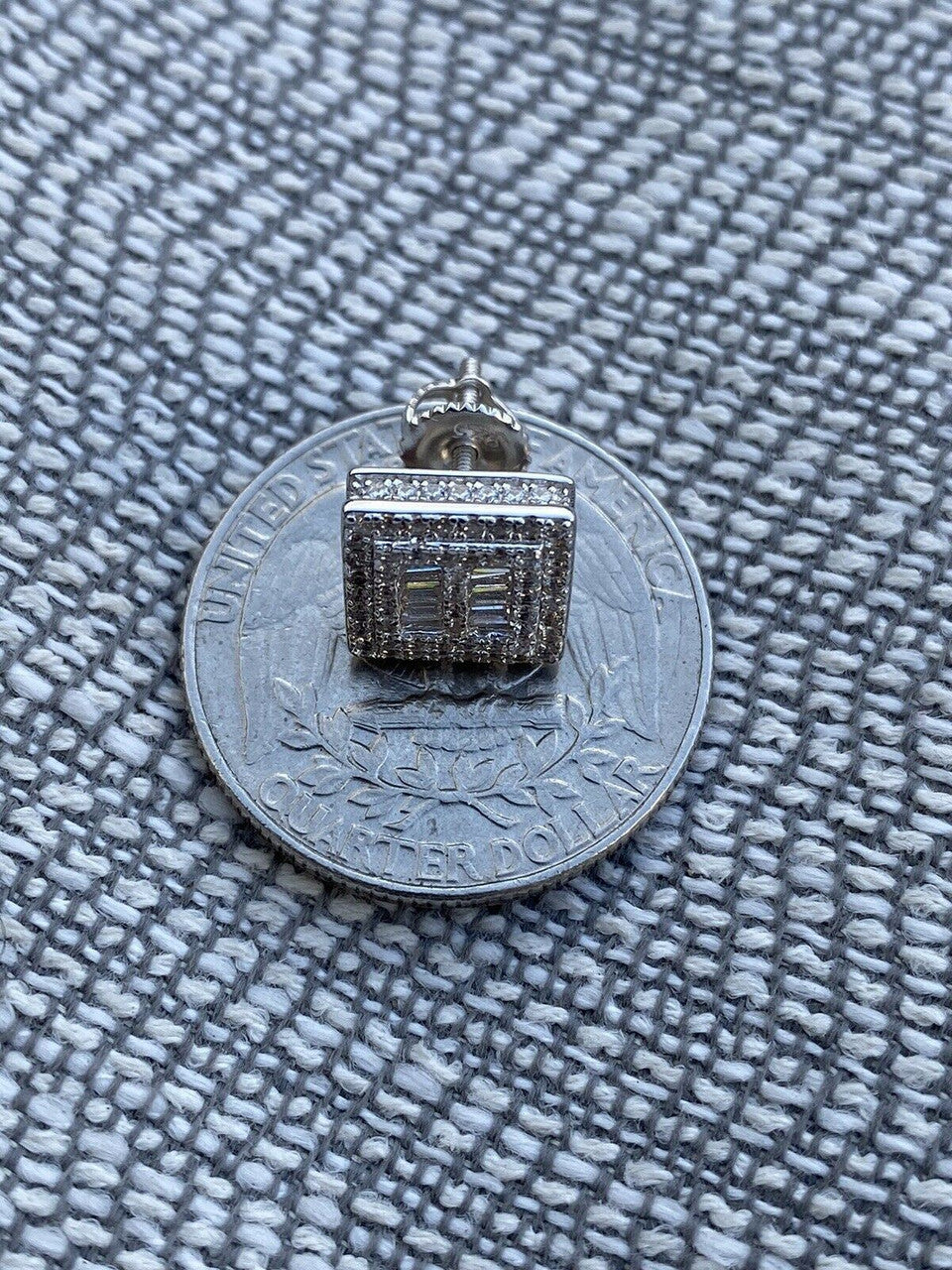 HarlemBling Mens Real Solid Sterling Silver Iced Baguette Diamond Earrings Studs 10mm Square