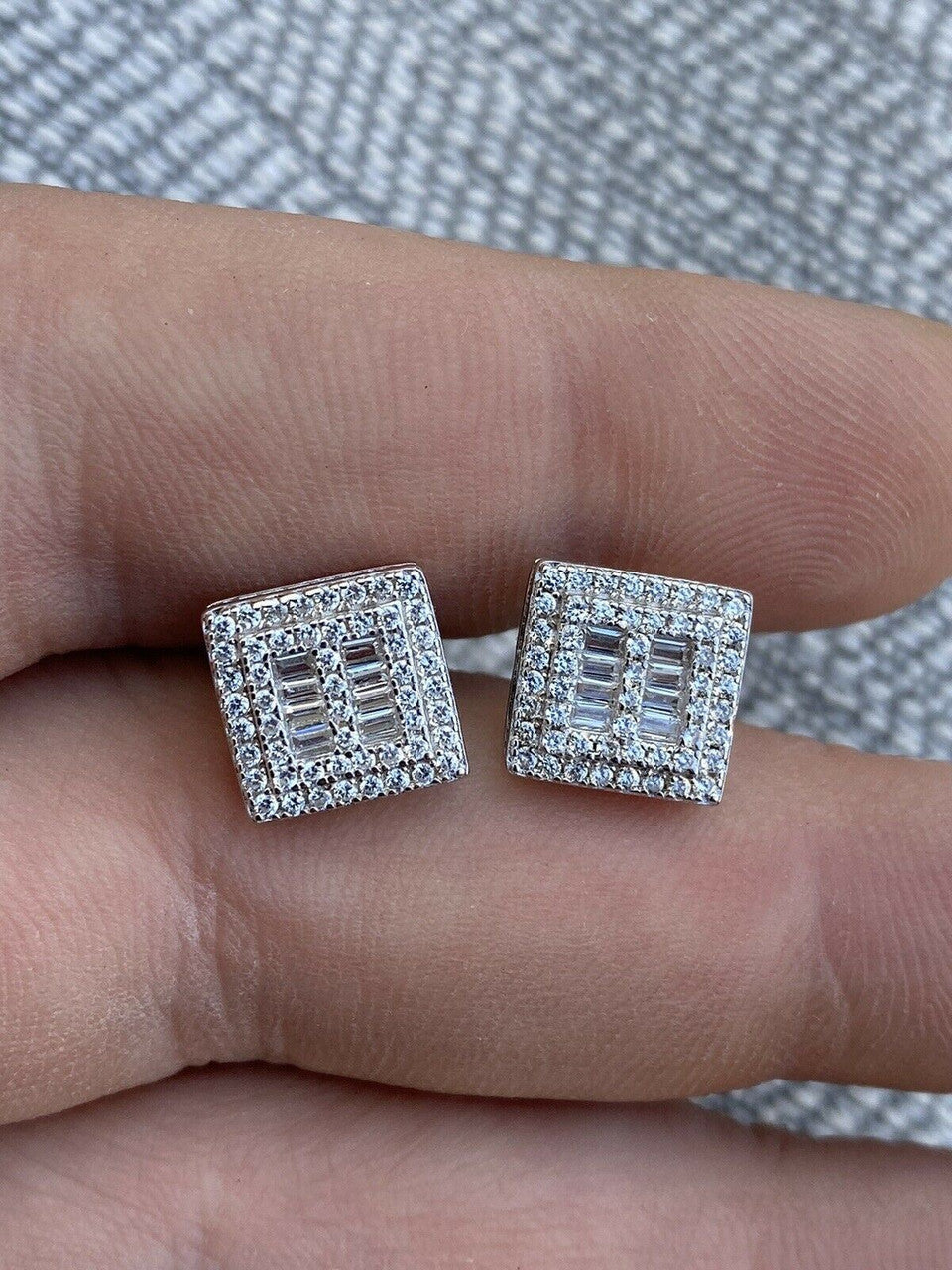 HarlemBling Mens Real Solid Sterling Silver Iced Baguette Diamond Earrings Studs 10mm Square