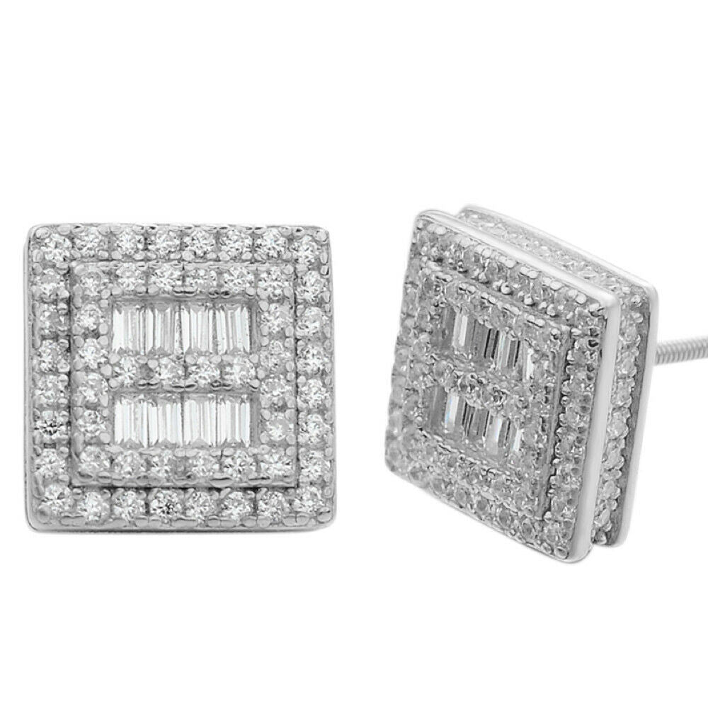 HarlemBling Mens Real Solid Sterling Silver Iced Baguette Diamond Earrings Studs 10mm Square