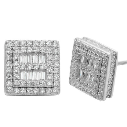 HarlemBling Mens Real Solid Sterling Silver Iced Baguette Diamond Earrings Studs 10mm Square
