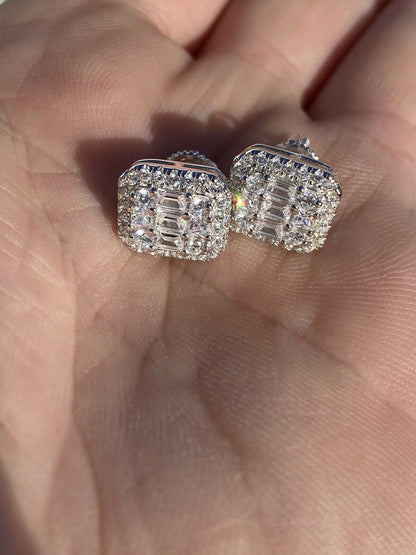 HarlemBling Mens Real Solid Sterling Silver Iced Baguette Diamond Hip Hop Earrings Studs