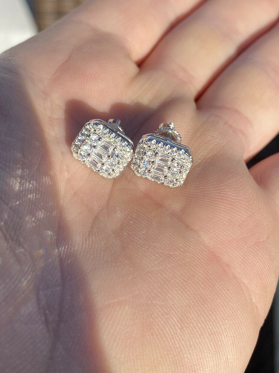 HarlemBling Mens Real Solid Sterling Silver Iced Baguette Diamond Hip Hop Earrings Studs