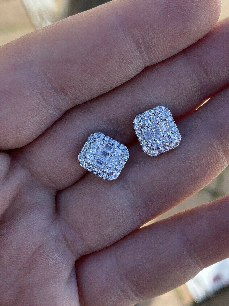 HarlemBling Mens Real Solid Sterling Silver Iced Baguette Diamond Hip Hop Earrings Studs