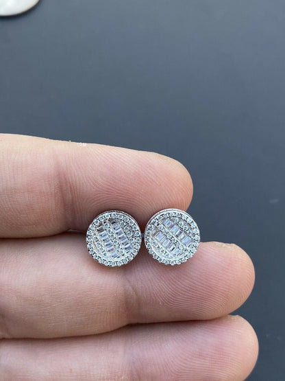 HarlemBling Mens Real Solid Sterling Silver Iced Round Baguette Diamond Hip Hop Earrings