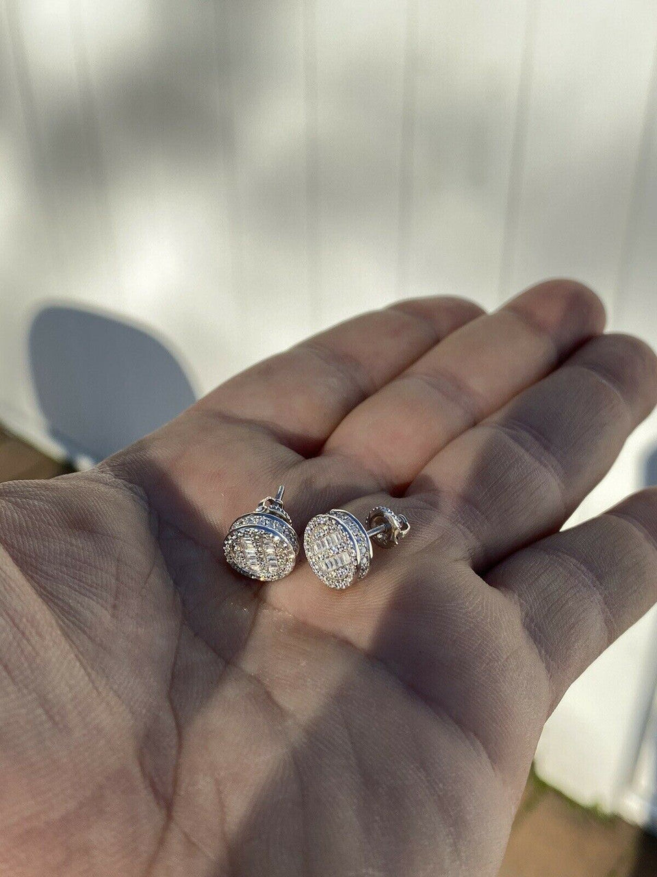 HarlemBling Mens Real Solid Sterling Silver Iced Round Baguette Diamond Hip Hop Earrings