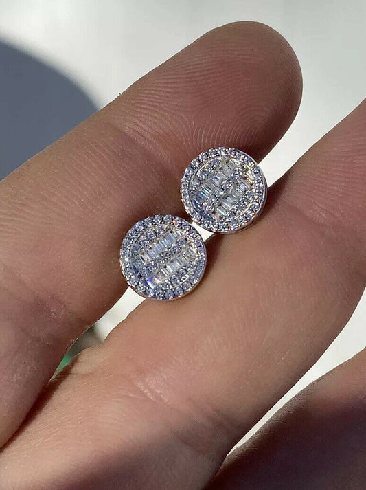 HarlemBling Mens Real Solid Sterling Silver Iced Round Baguette Diamond Hip Hop Earrings