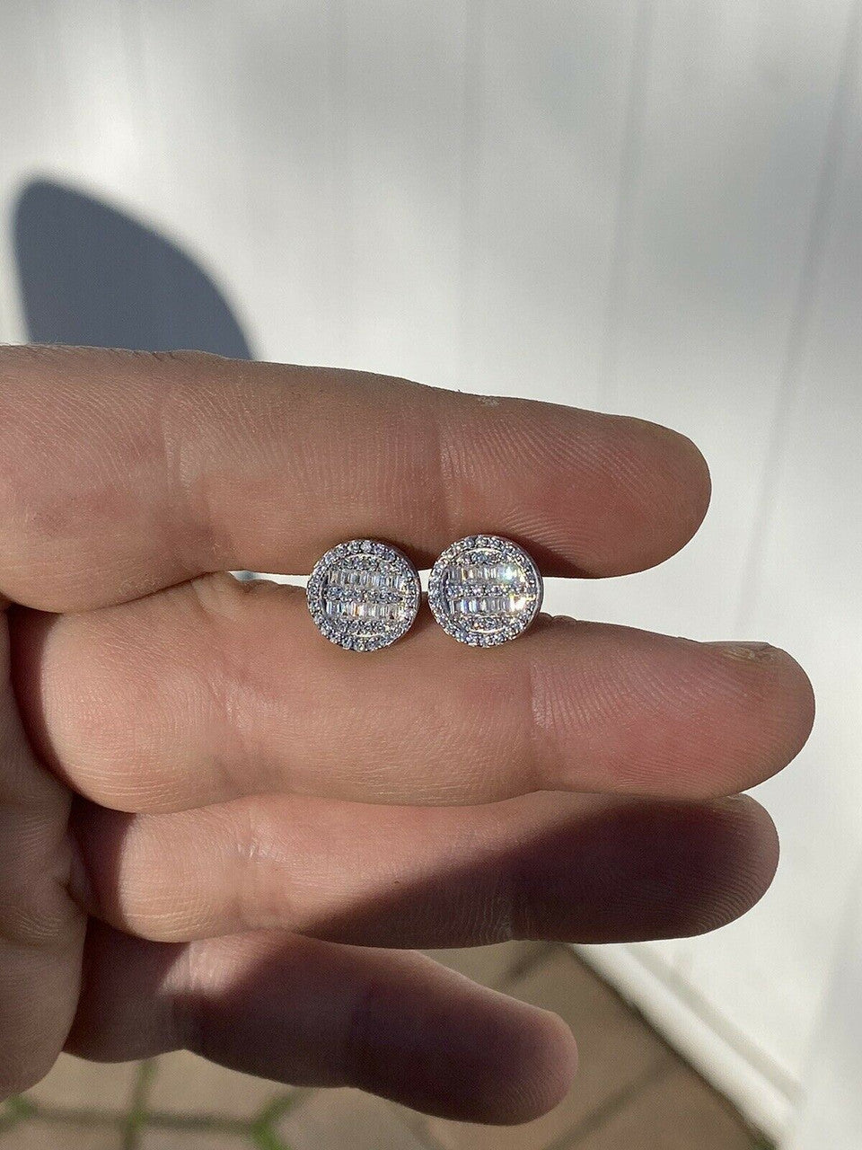 HarlemBling Mens Real Solid Sterling Silver Iced Round Baguette Diamond Hip Hop Earrings