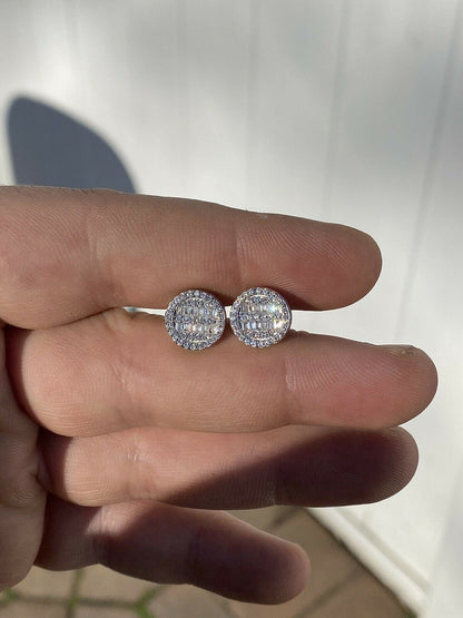 HarlemBling Mens Real Solid Sterling Silver Iced Round Baguette Diamond Hip Hop Earrings