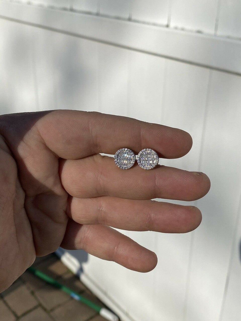 HarlemBling Mens Real Solid Sterling Silver Iced Round Baguette Diamond Hip Hop Earrings