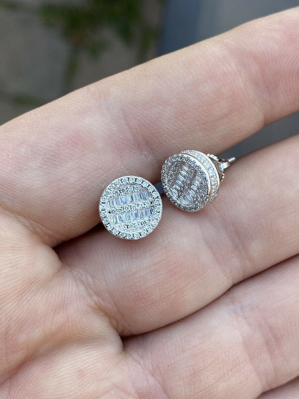 HarlemBling Mens Real Solid Sterling Silver Iced Round Baguette Diamond Hip Hop Earrings