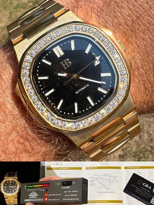 HarlemBling Mens Real Stainless Gold Iced 2ct Moissanite Watch Pass Diamond Test Black Face
