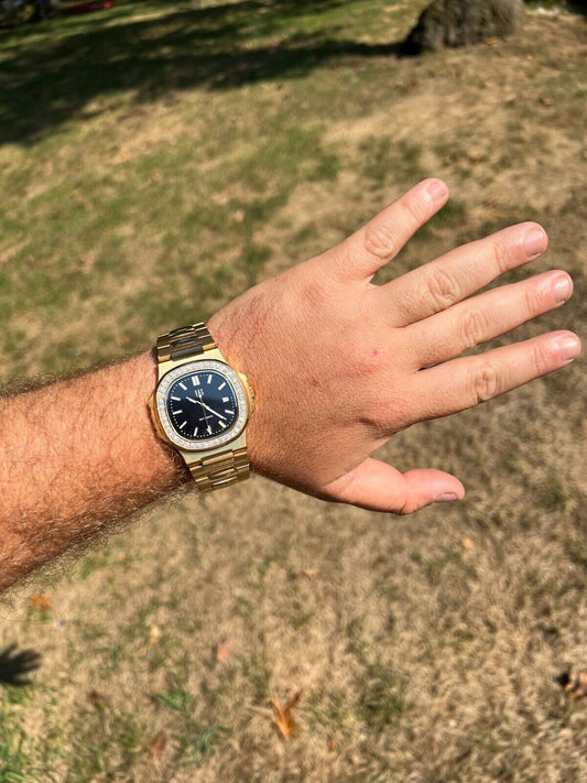 HarlemBling Mens Real Stainless Gold Iced 2ct Moissanite Watch Pass Diamond Test Black Face