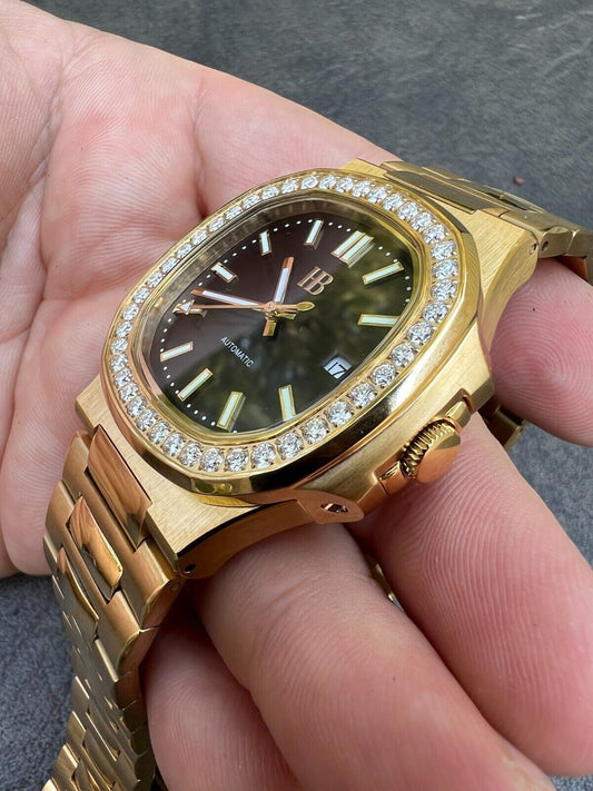 HarlemBling Mens Real Stainless Gold Iced 2ct Moissanite Watch Pass Diamond Test Black Face