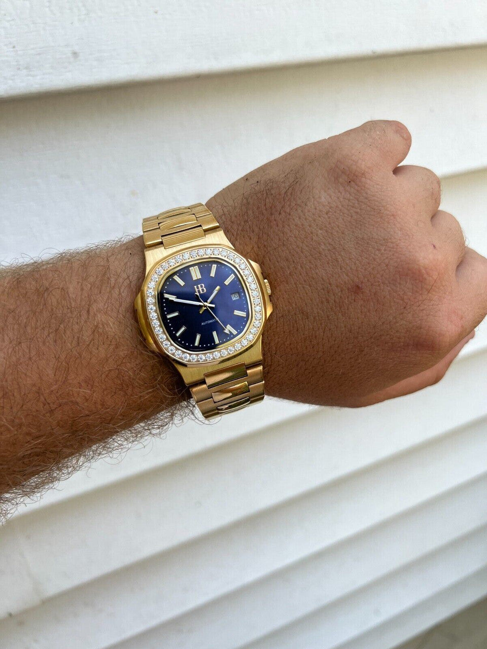 HarlemBling Mens Real Stainless Gold Iced 2ct Moissanite Watch Pass Diamond Test Blue Face