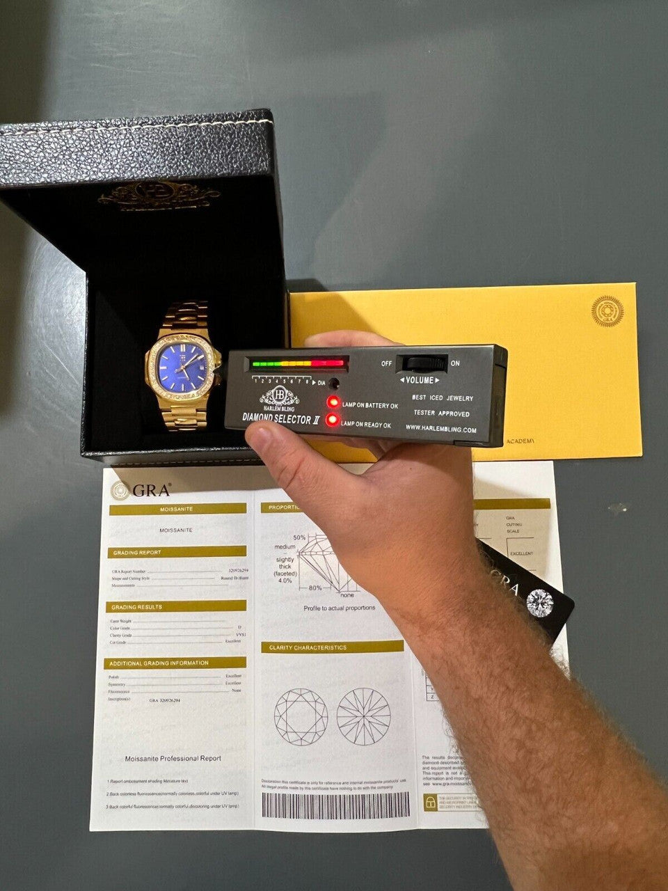 HarlemBling Mens Real Stainless Gold Iced 2ct Moissanite Watch Pass Diamond Test Blue Face