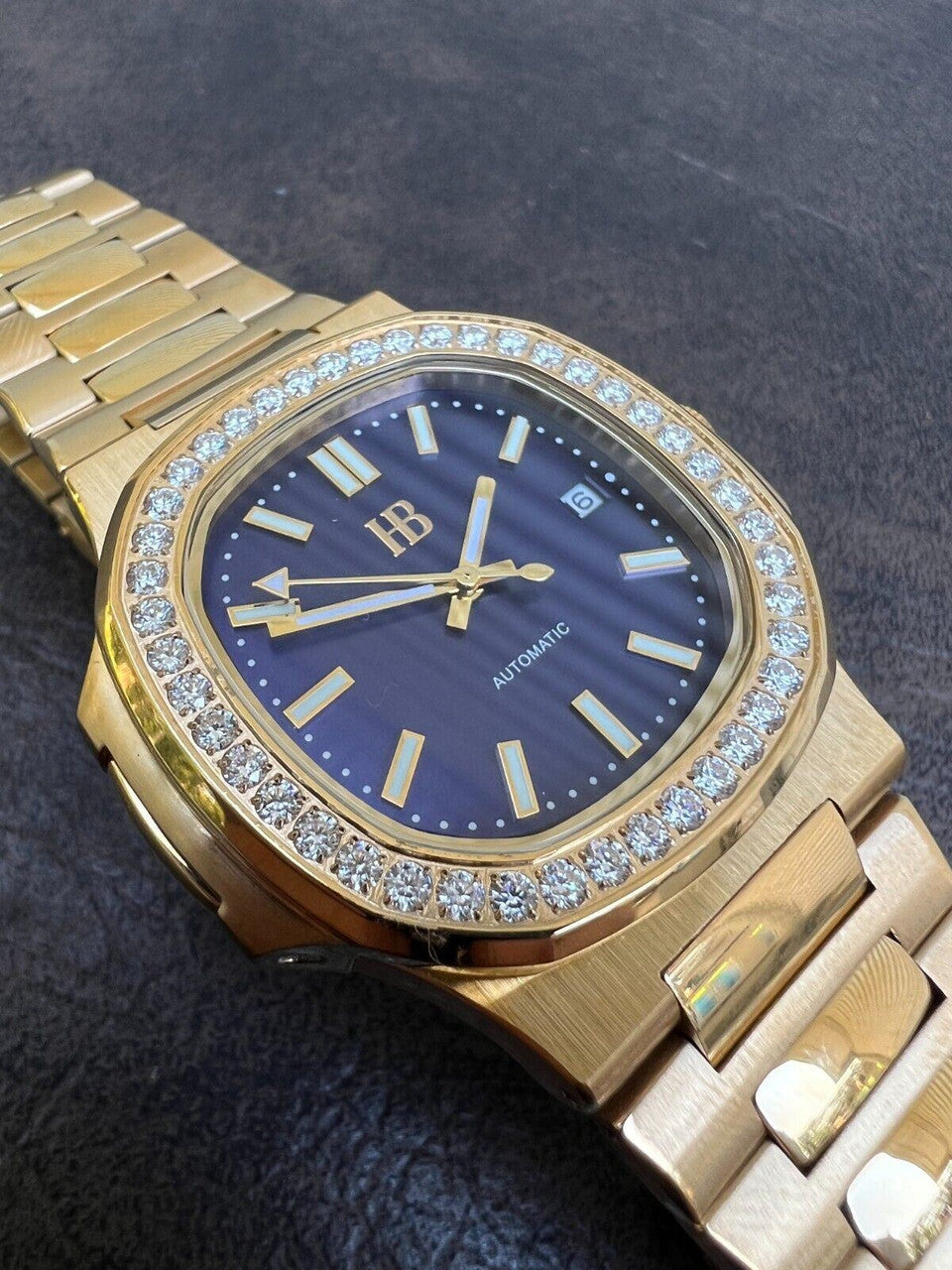 HarlemBling Mens Real Stainless Gold Iced 2ct Moissanite Watch Pass Diamond Test Blue Face