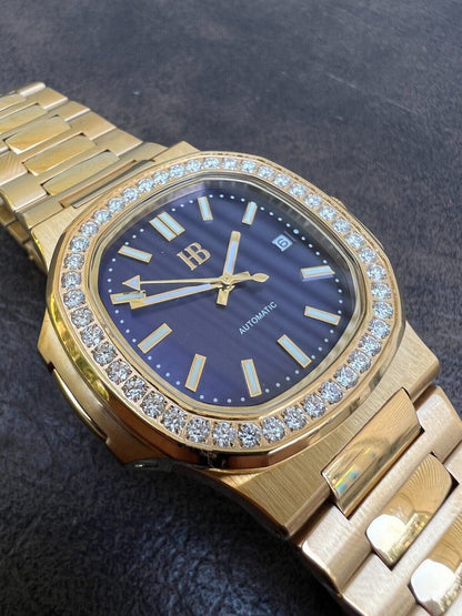 HarlemBling Mens Real Stainless Gold Iced 2ct Moissanite Watch Pass Diamond Test Blue Face