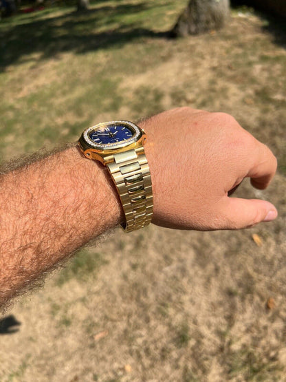 HarlemBling Mens Real Stainless Gold Iced 2ct Moissanite Watch Pass Diamond Test Blue Face