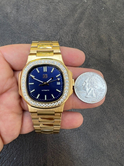 HarlemBling Mens Real Stainless Gold Iced 2ct Moissanite Watch Pass Diamond Test Blue Face