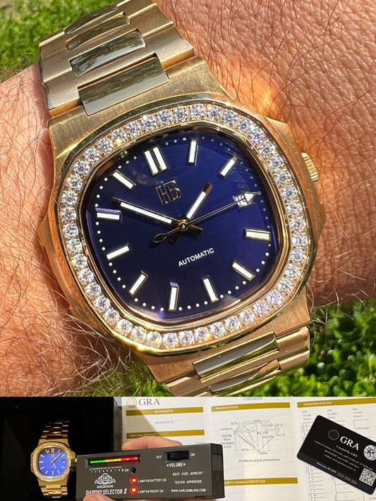 HarlemBling Mens Real Stainless Gold Iced 2ct Moissanite Watch Pass Diamond Test Blue Face