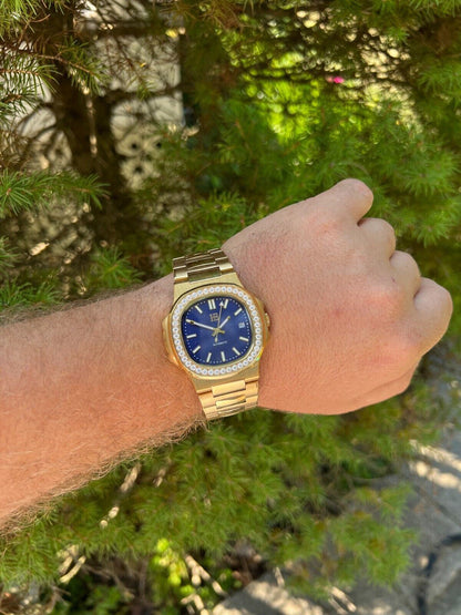 HarlemBling Mens Real Stainless Gold Iced 2ct Moissanite Watch Pass Diamond Test Blue Face