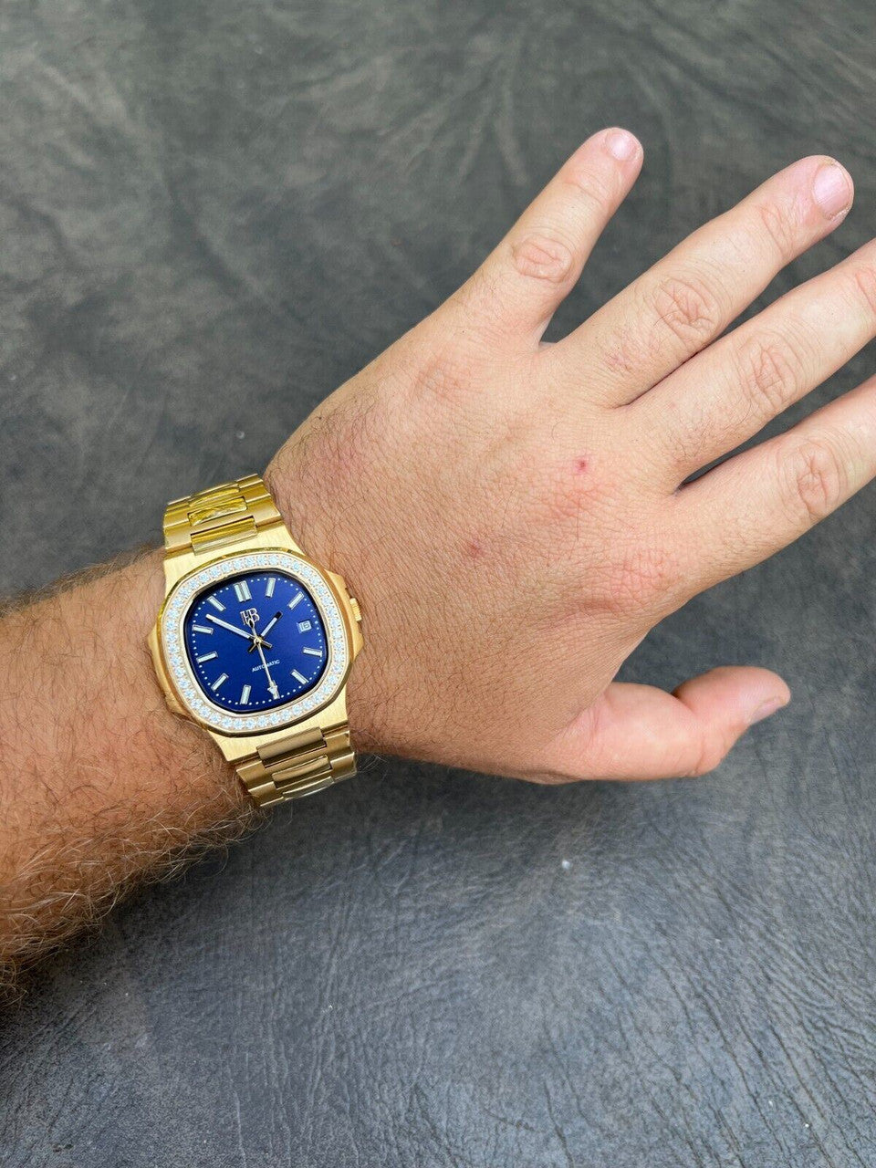 HarlemBling Mens Real Stainless Gold Iced 2ct Moissanite Watch Pass Diamond Test Blue Face