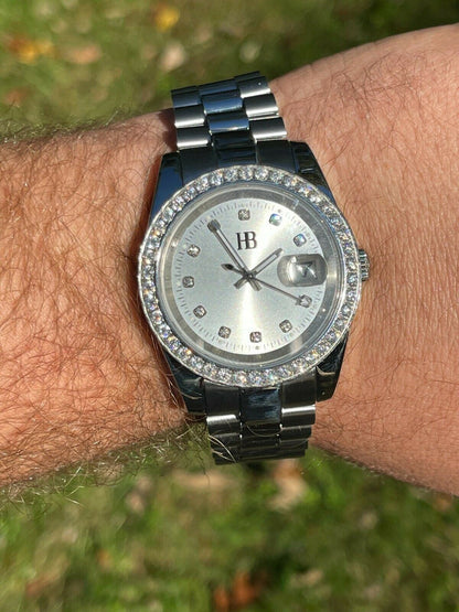 HarlemBling Mens Real Stainless Iced 3.3ct Moissanite Watch Pass Diamond Tester 41mm Pearl