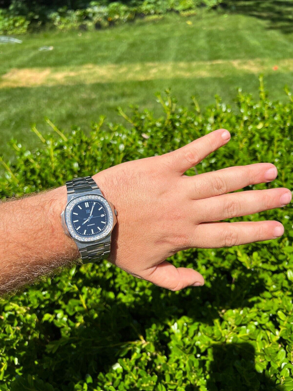 HarlemBling Mens Real Stainless Steel Iced 2ct Moissanite Watch Pass Diamond Test Black Face