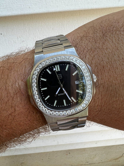 HarlemBling Mens Real Stainless Steel Iced 2ct Moissanite Watch Pass Diamond Test Black Face