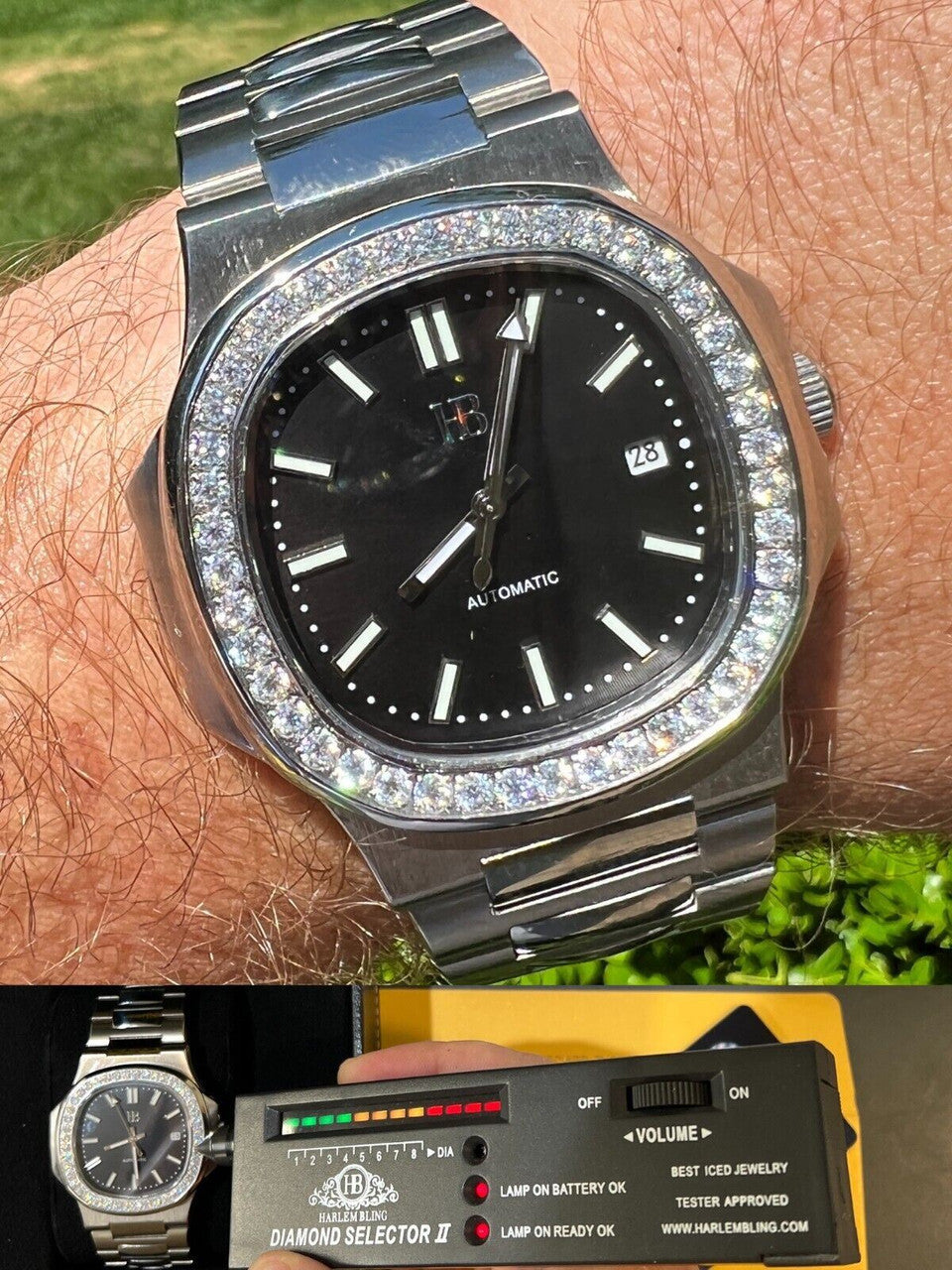 HarlemBling Mens Real Stainless Steel Iced 2ct Moissanite Watch Pass Diamond Test Black Face